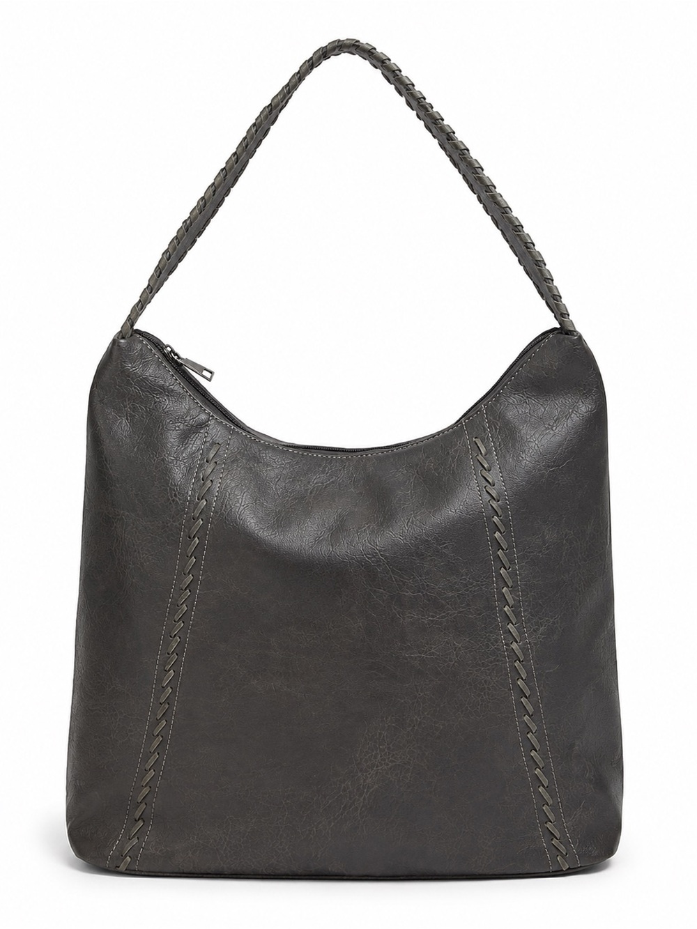 Charcoal Gray Faux Leather Hobo Shoulder Bag Whipstitch